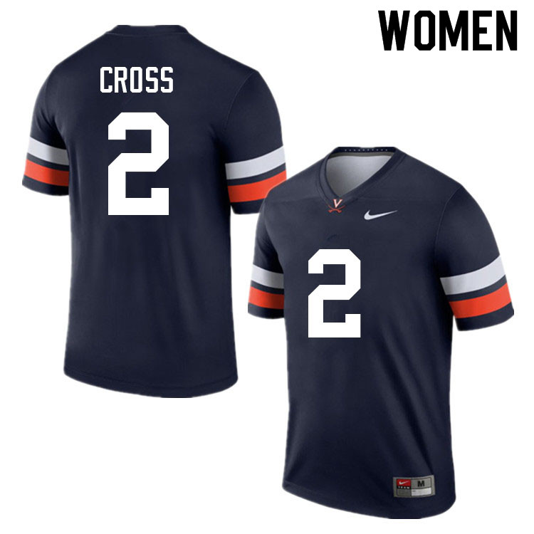 Women #2 De'Vante Cross Virginia Cavaliers College Football Jerseys Sale-Navy - Click Image to Close